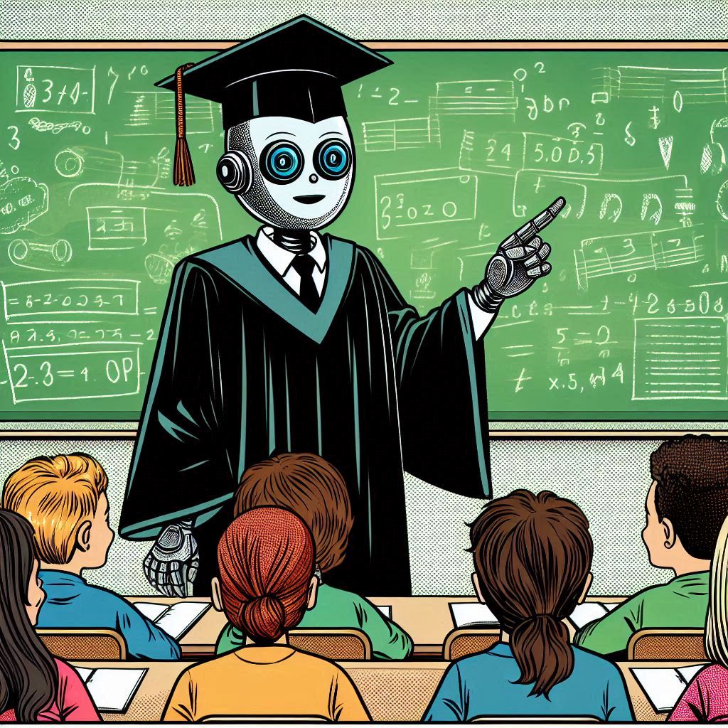Robot teaching students in a classroom